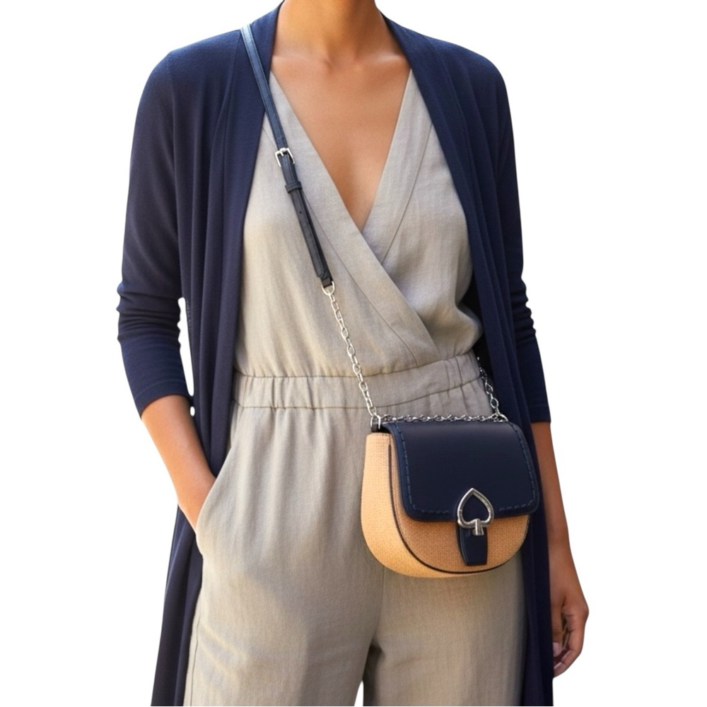 kate spade “Robyn Straw Nightcap” Saddle Bag with Rafita and Navy Leather